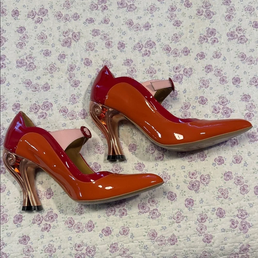 John Fluevog Orange, Red & Pink Patent Mary Jane Pumps - Picture 3 of 9